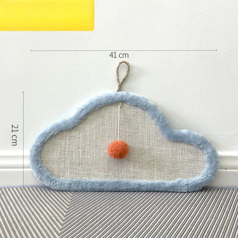 White wall-mounted cat scratching mat with sleeping cat cartoon design on natural sisal material