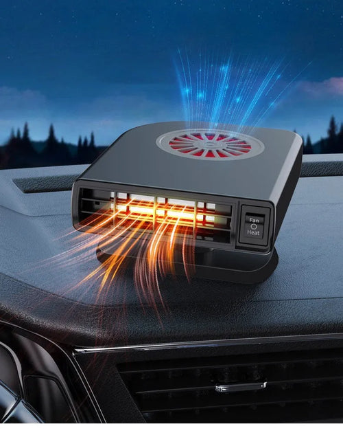 Black ABS plastic 12v vehicle-mounted car heater on a dashboard