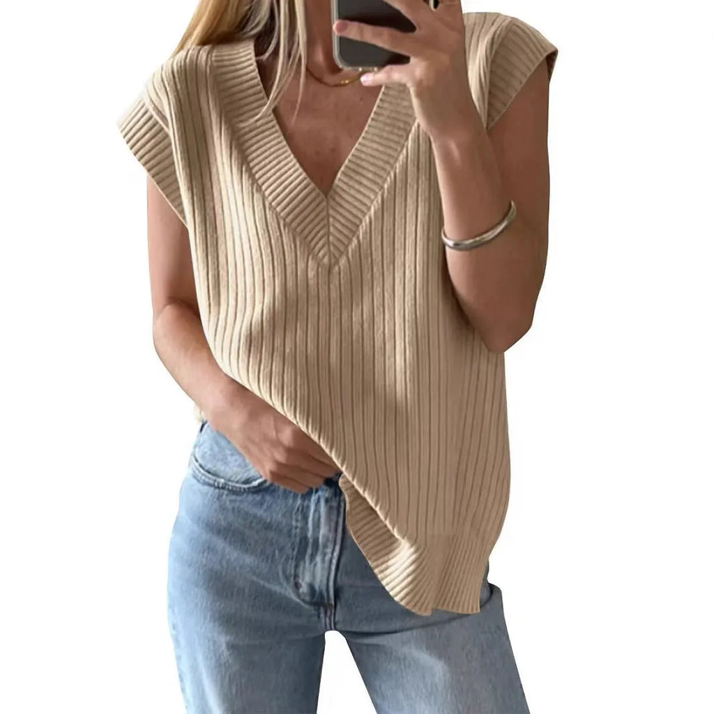 Women's camel and white V-neck sleeveless loose pullover vest with striped or plaid patterns