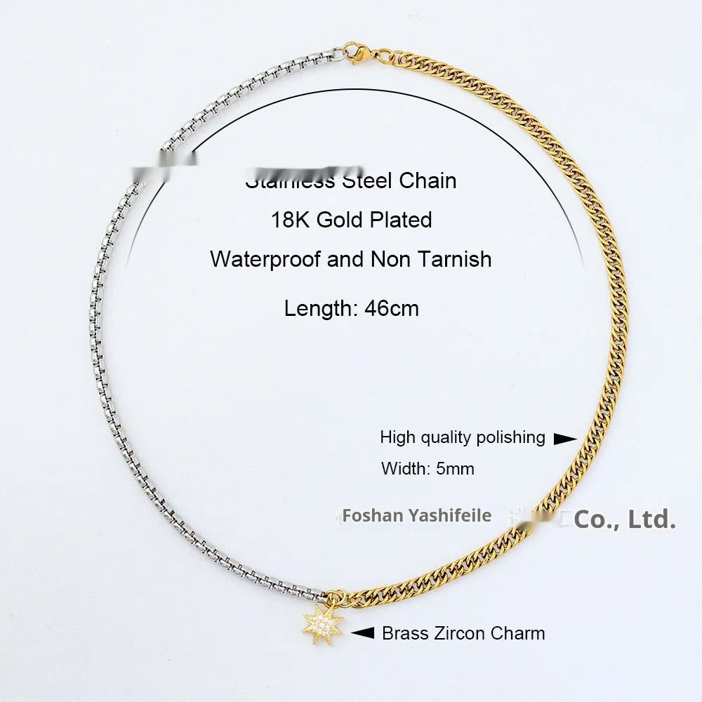 Gold dual-color patchwork pendant necklace on titanium steel chain, high polished finish