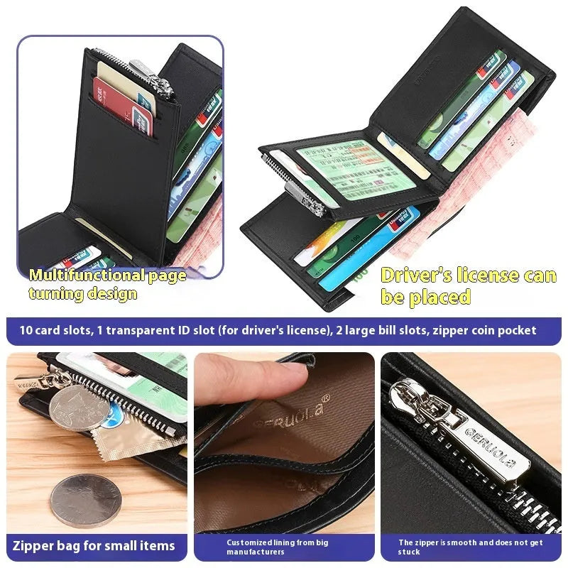 Men's short leather wallet with zipper closure showing rhombus pattern detail in brown colour
