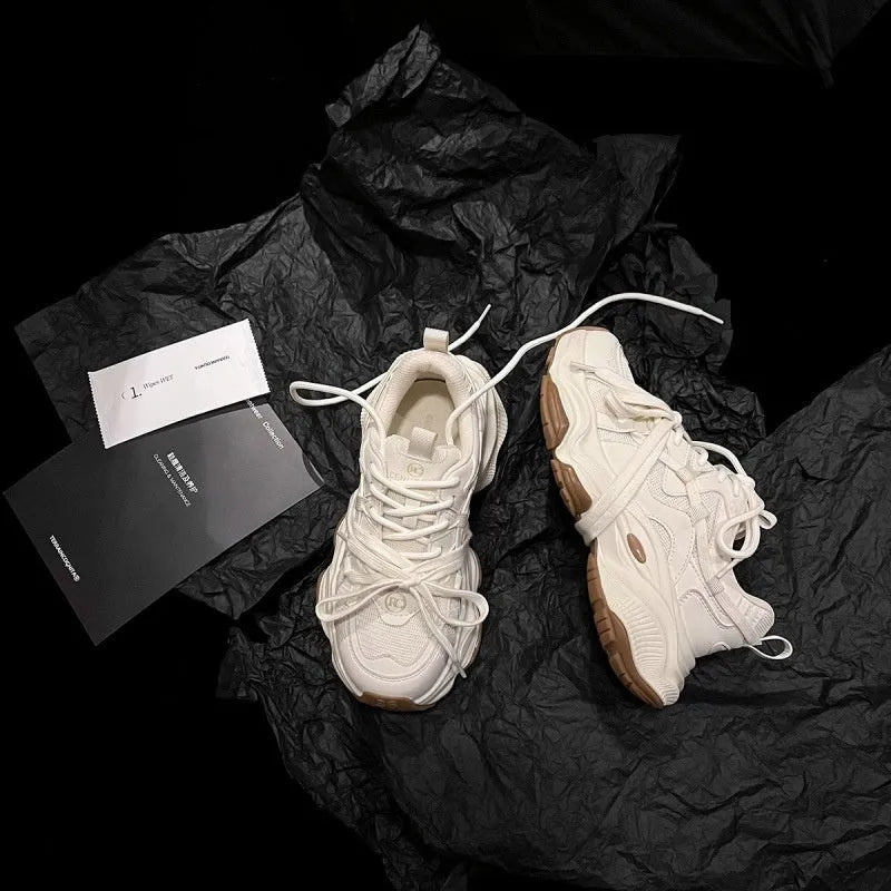 Women's white platform dad sneakers with round toe and lace-up front in Milk White Beige colour