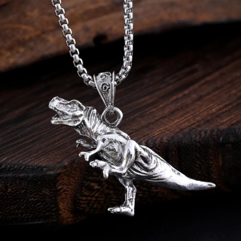 Titanium dinosaur pendant necklace in hip hop style, unisex versatile jewellery in dinosaur necklace colour