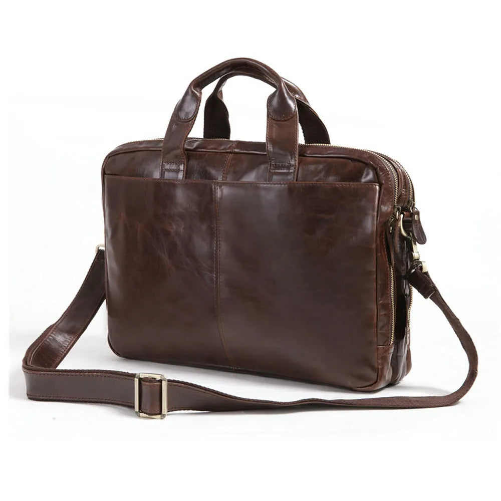 Brown leather business briefcase with 18-inch size and polyester cotton lining