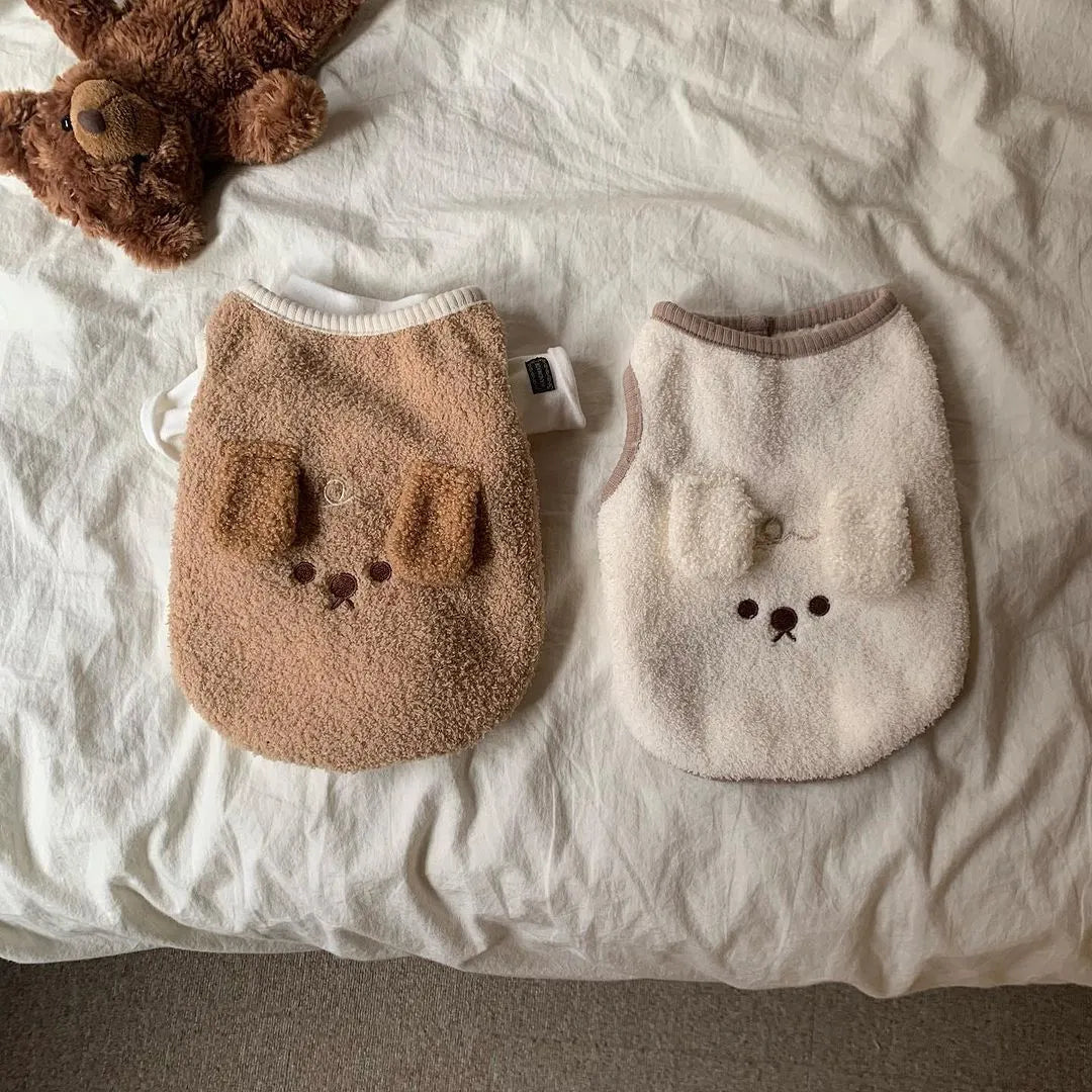 Autumn winter dog vest with ear-hanging embroidered puppy design, polyester, brown or beige, sizes XS-XL
