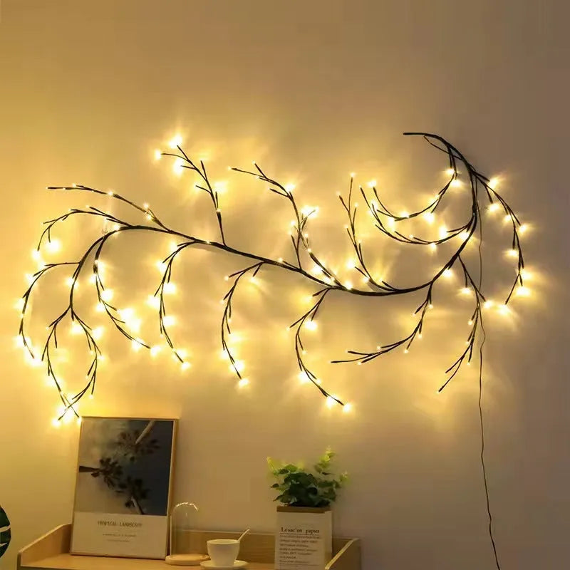 Flexible LED willow vine light garland with birch bark texture and warm white lights