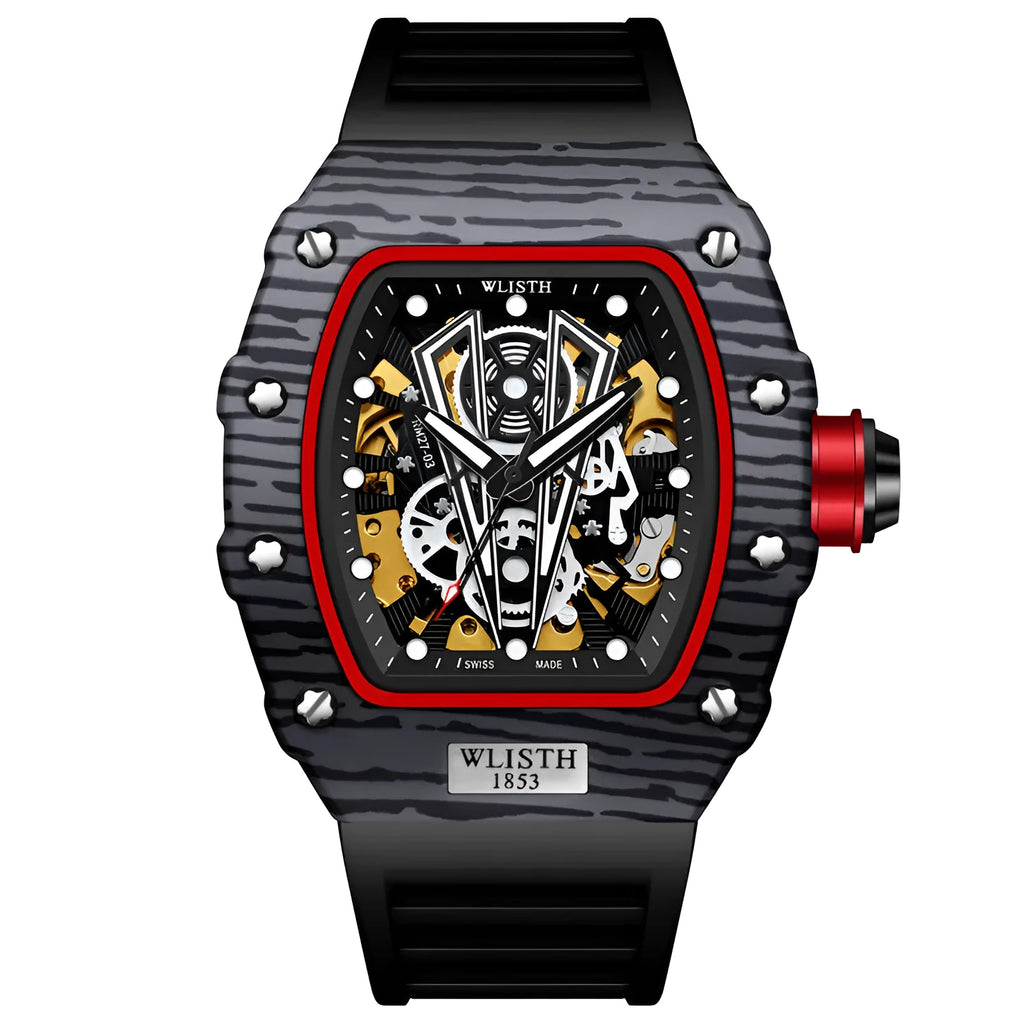 Men's automatic mechanical sports watch with luminous pointer display, 44mm dial, black or red case and black strap