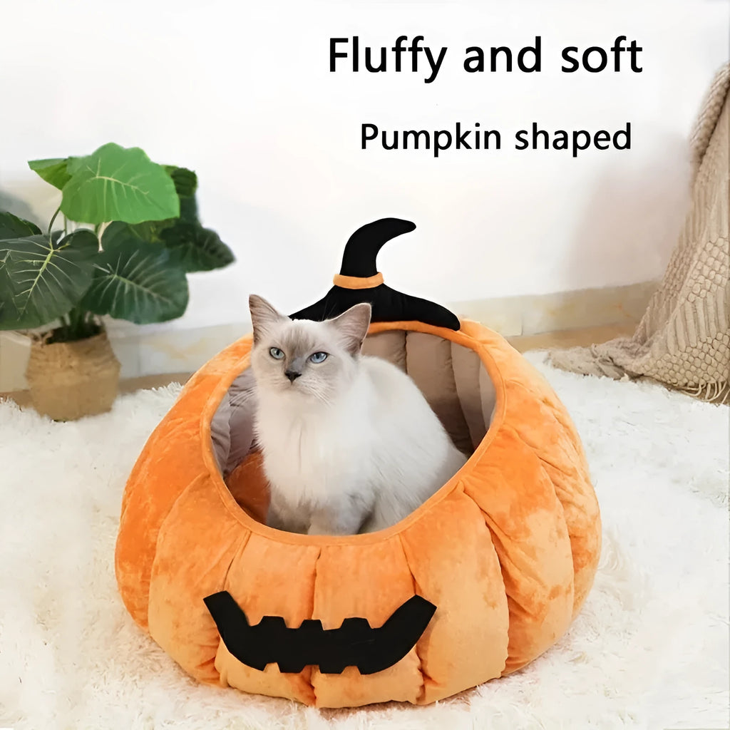 Halloween pumpkin design plush cat bed for cats and small dogs in orange colour.