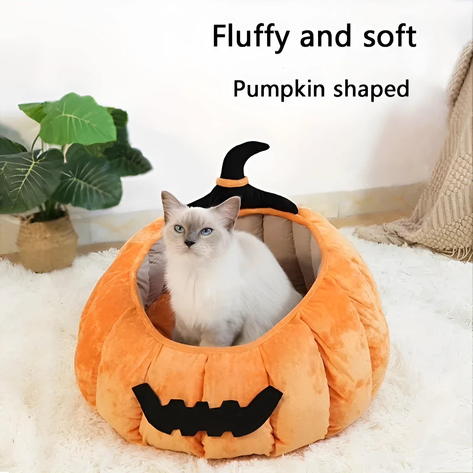 Halloween pumpkin design plush cat bed for cats and small dogs in orange colour.