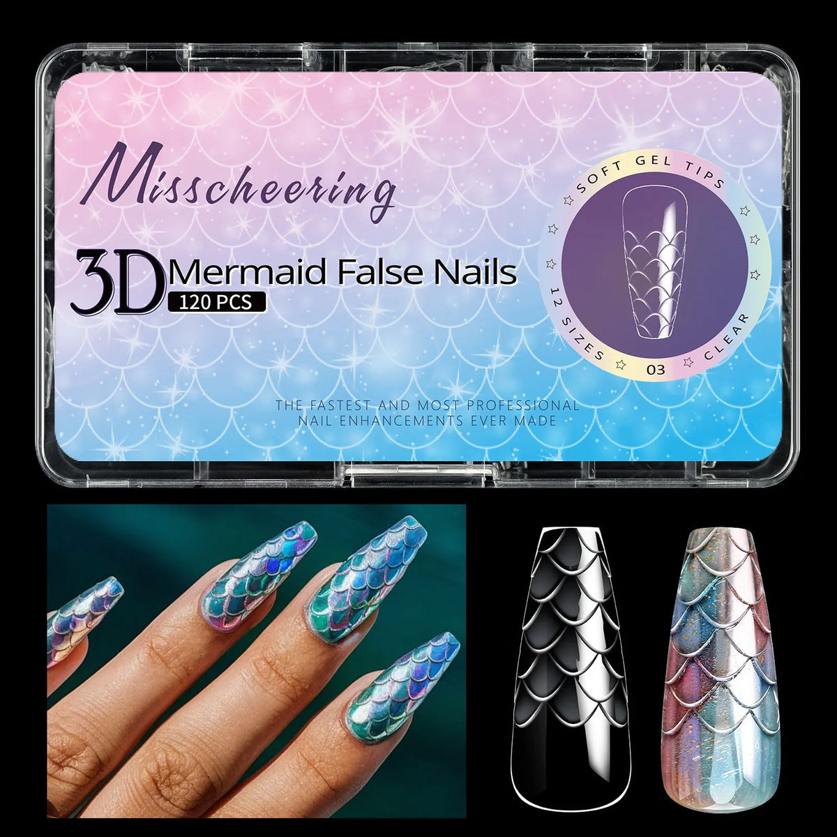 3D scale long shaping nail tips in multiple colour sets for professional nail extensions