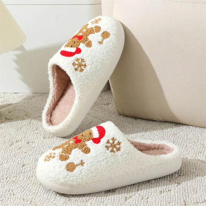 Cozy and stylish gingerbread and snowflake slippers with a plush, fuzzy exterior and non-slip sole for indoor wear