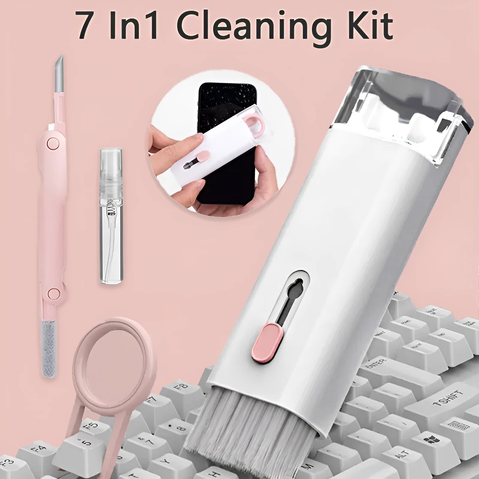 Multifunction electronics cleaning kit with foldable pen, spray bottle, brush, and keycap puller on a white background.
