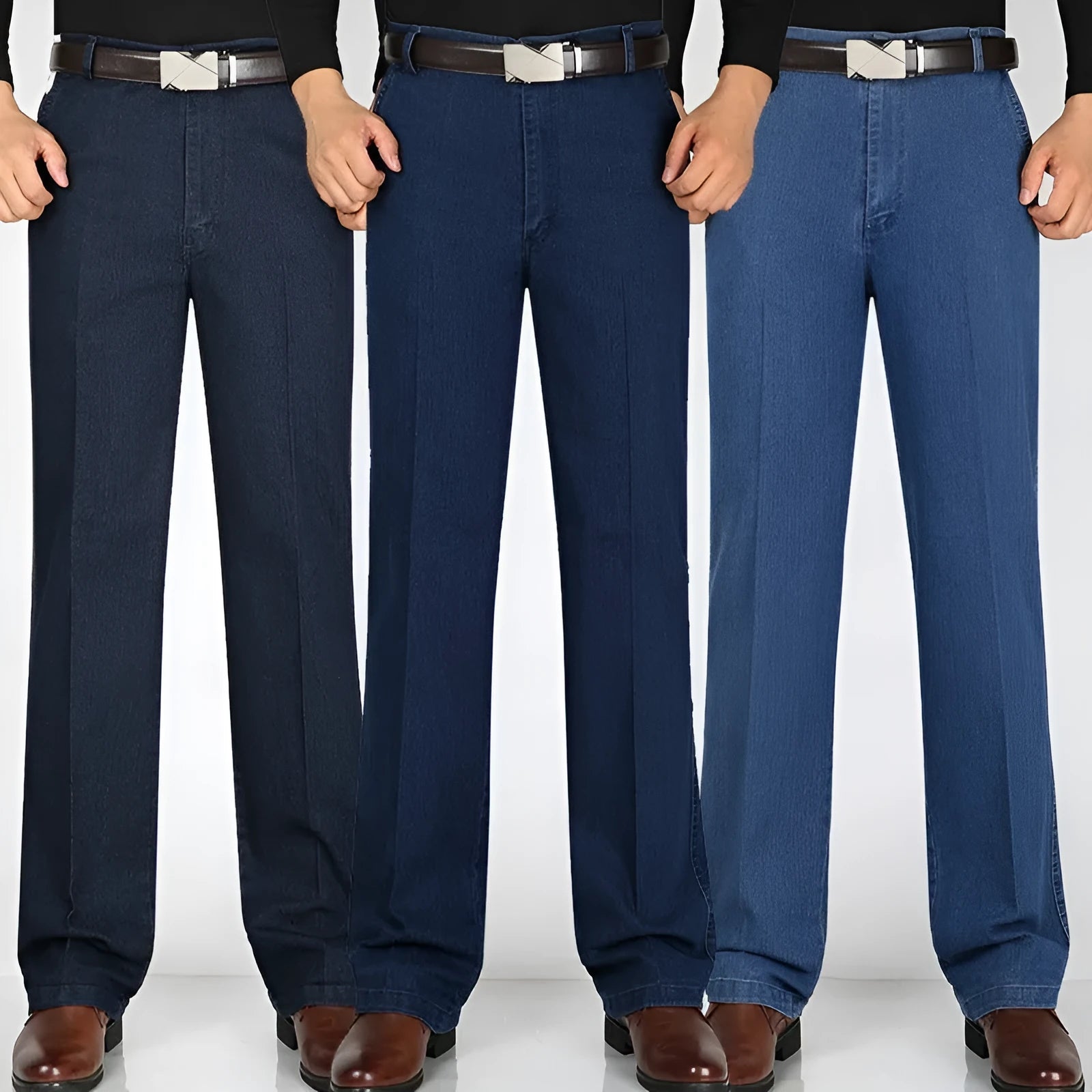 Men's loose fit high waist blue denim jeans on a plain background.