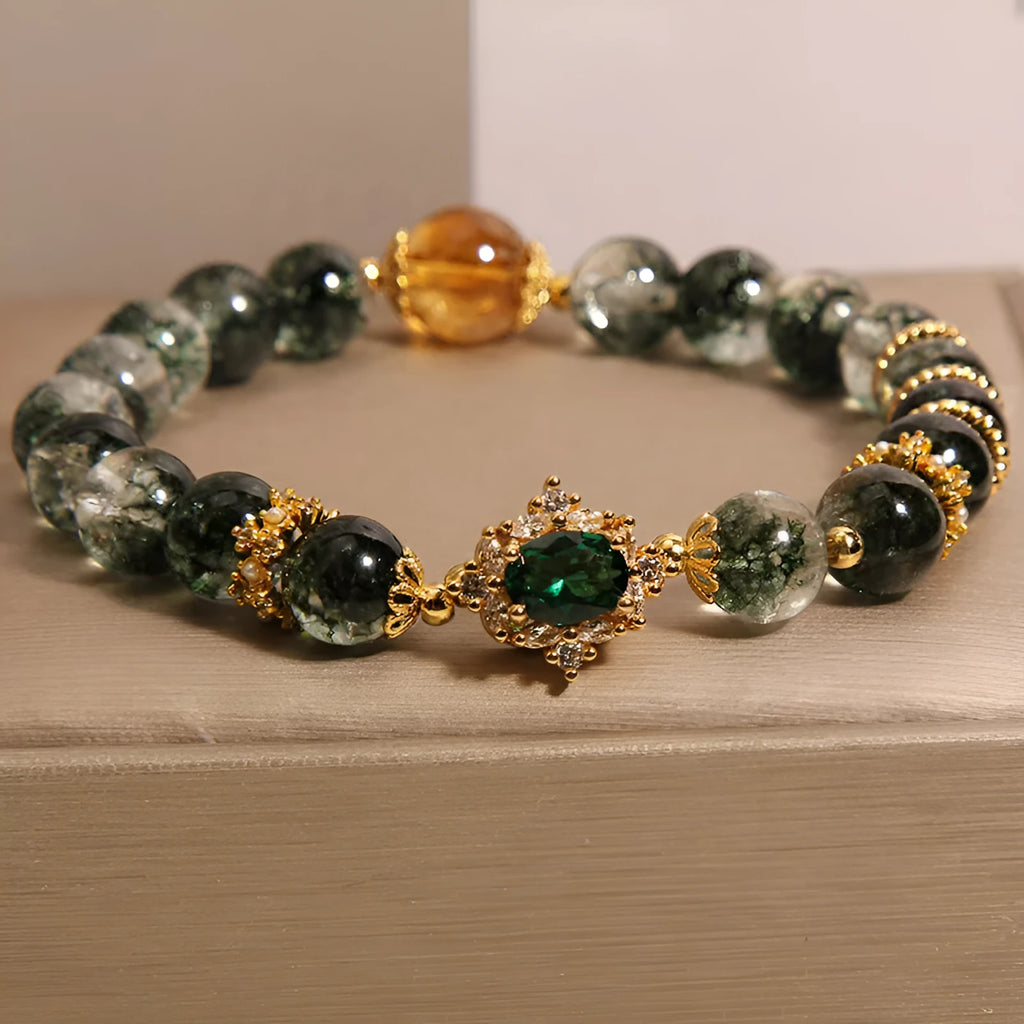Women's green phantom quartz crystal bracelet with gold rutilated quartz accents and pearl detailing
