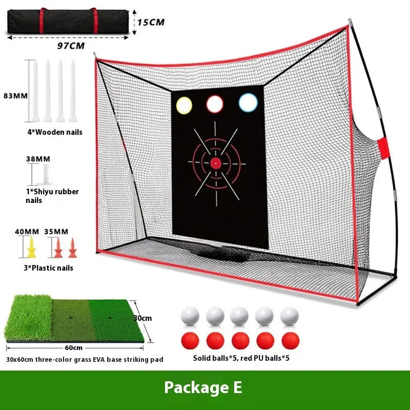 Golf swing wedge training net kit with straw mat, red PU balls, and practice accessories laid out
