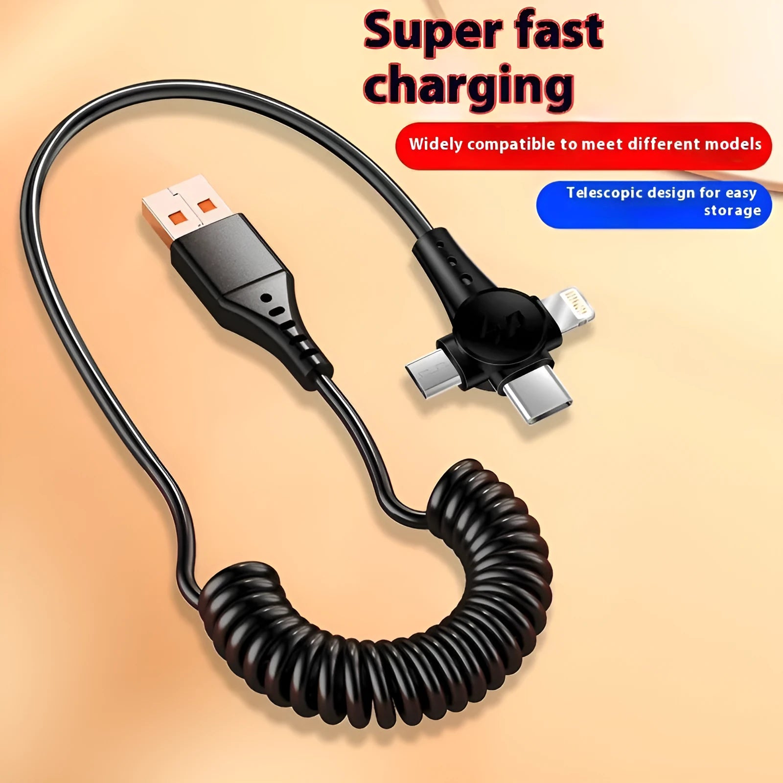 Black telescopic charging cable extended to 1.5 metres with Lightning, Micro USB and Type-C connectors visible