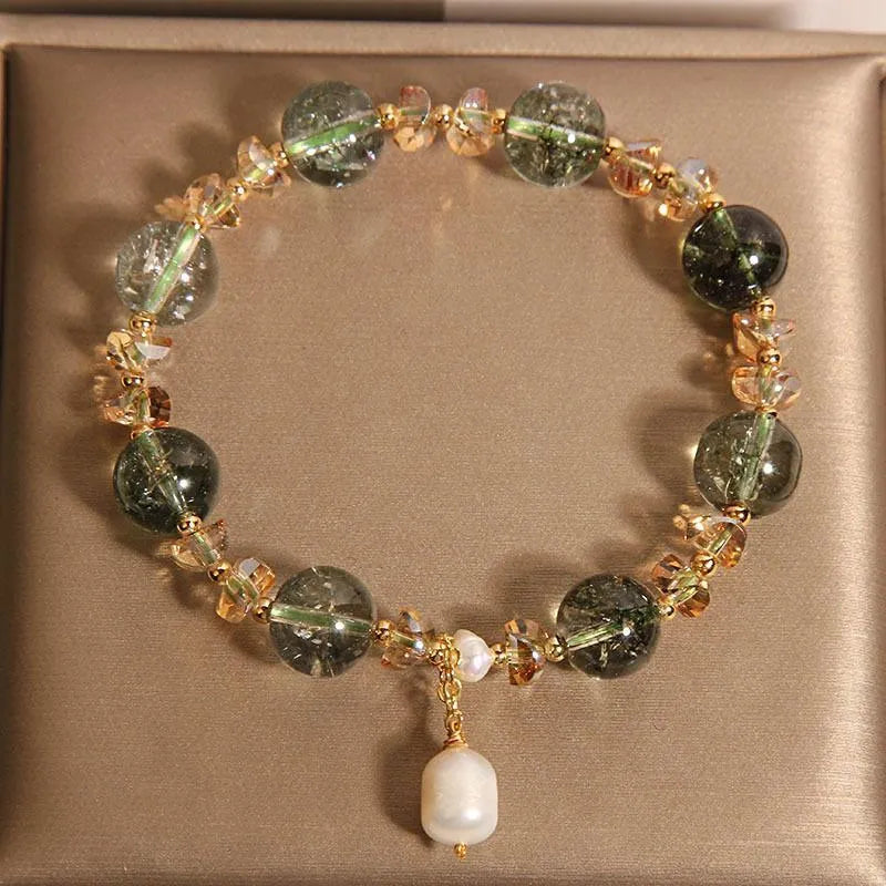 Natural chorite crystal bracelet with champagne quartz and green phantom quartz accents