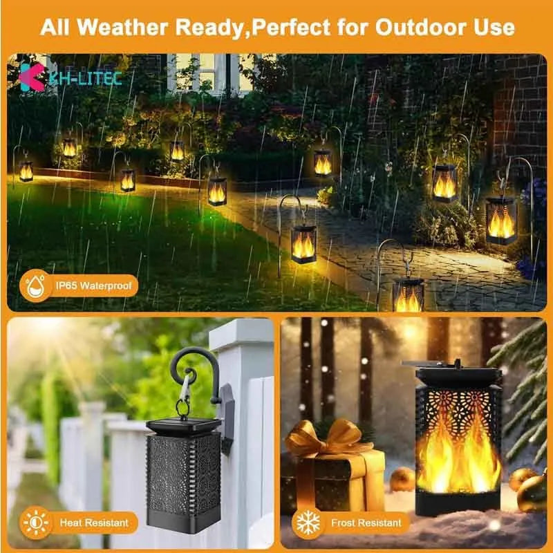 Four black solar-powered hanging torch lights with flame-effect LEDs for outdoor garden decoration.