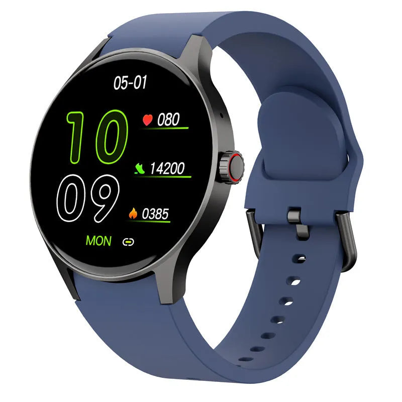 46mm diameter smart sport watch with round touchscreen displayed in black, blue, pink, or red colour options