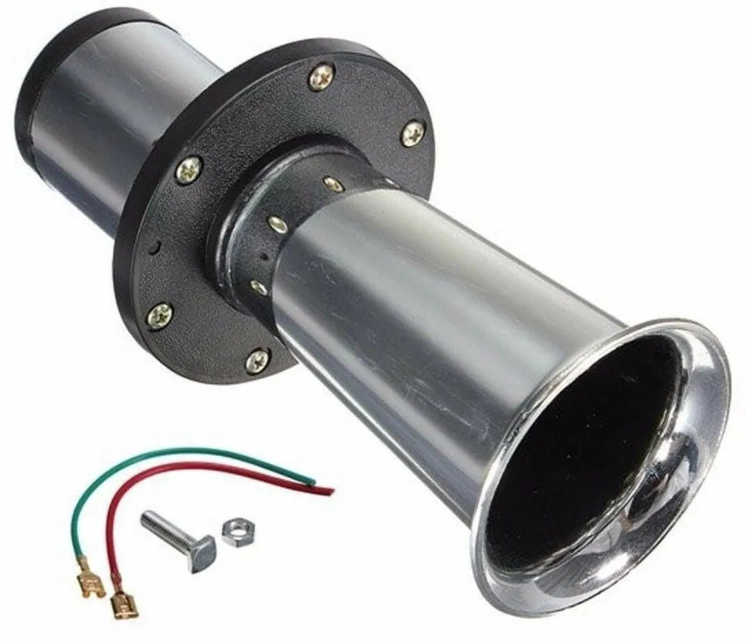 Black automotive horn with silver finish for 12V vehicle installation