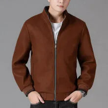 Men's grey polyester fleece jacket with zip front, long sleeves, and a chest pocket, shown on a hanger.