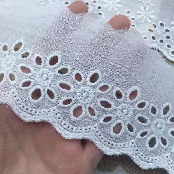 Close-up of white cotton embroidered lace trim showing cut-out pattern, with four width style options for DIY sewing.