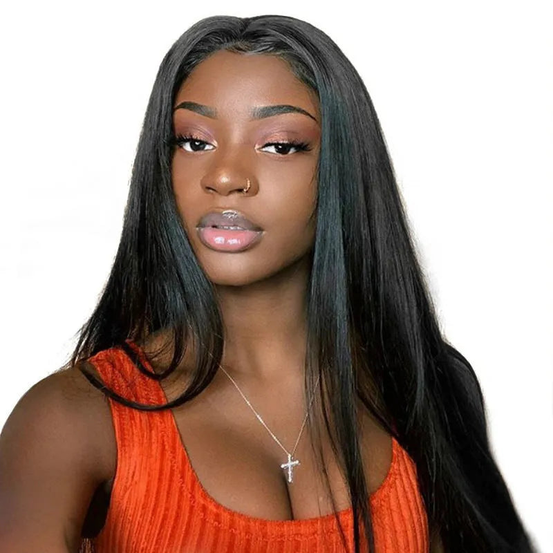 Long straight black wig with centre-parted bangs, synthetic high-temperature fibre construction.
