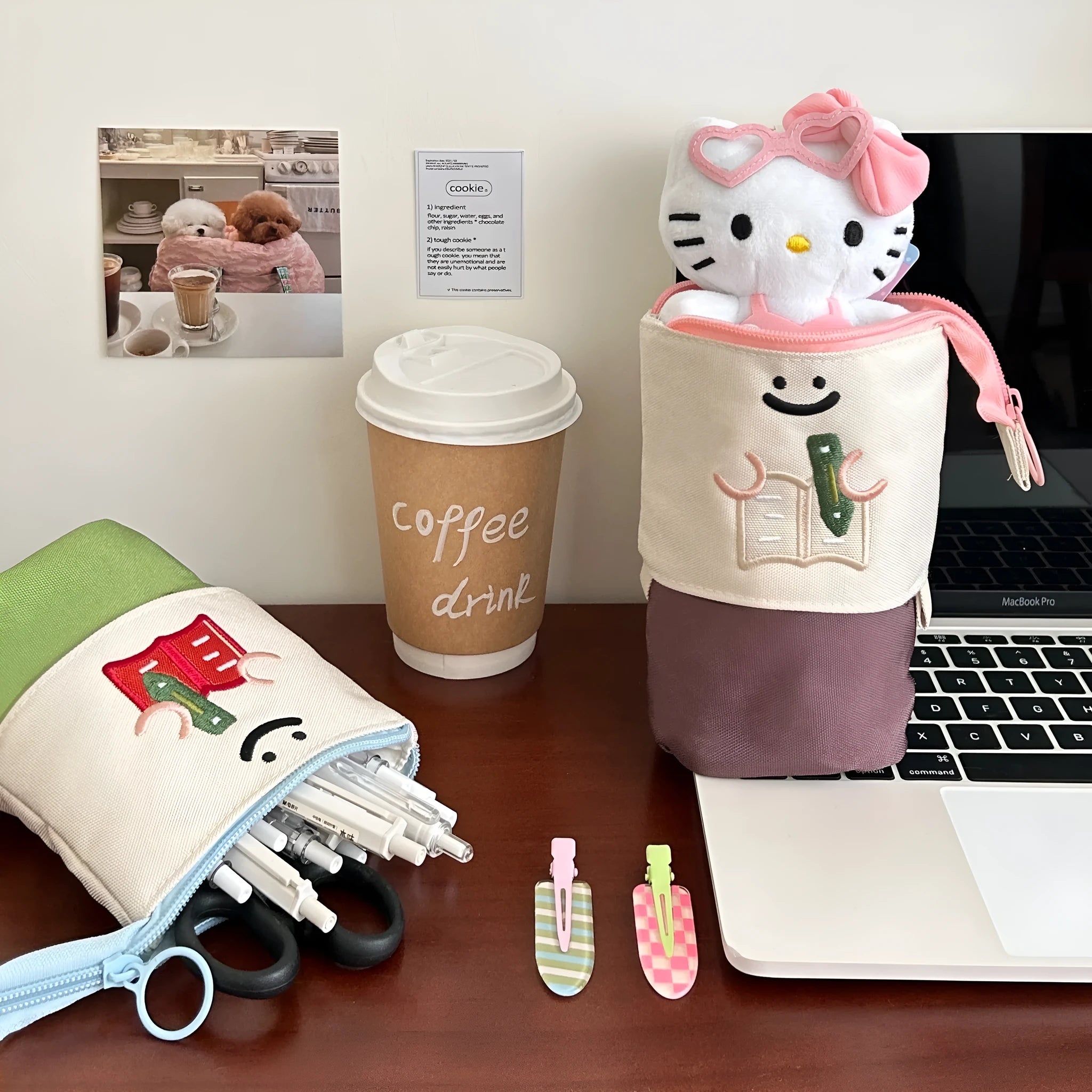 Brown Korean style collapsible pencil case with cartoon design and oxford fabric material