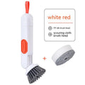 Long-handle kitchen cleaning brush with liquid dispenser and two brush heads in white and green