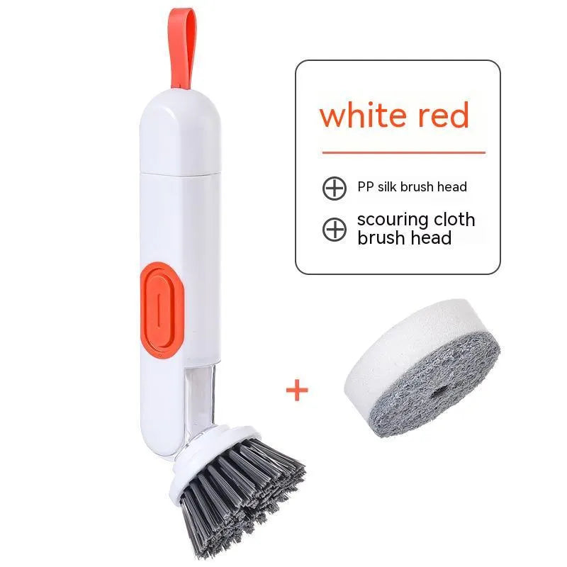 Long-handle kitchen cleaning brush with liquid dispenser and two brush heads in white and green