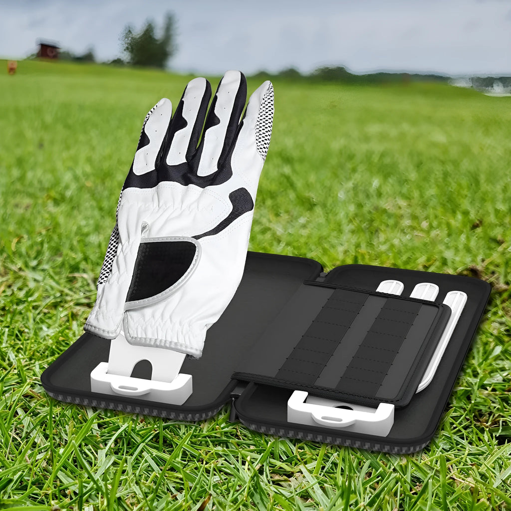 Silver grey golf double glove storage bag with two attachment brackets for markers.