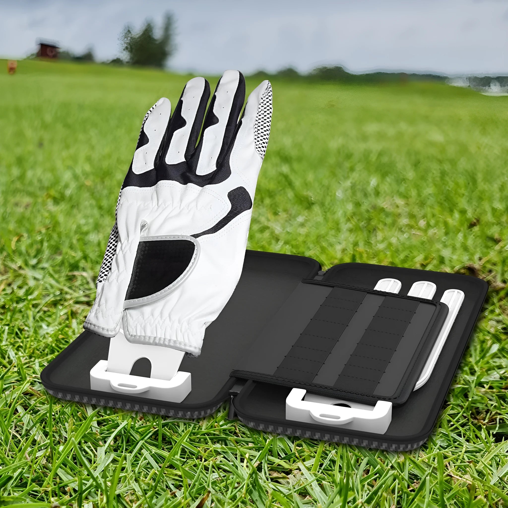 Silver grey golf double glove storage bag with two attachment brackets for markers.