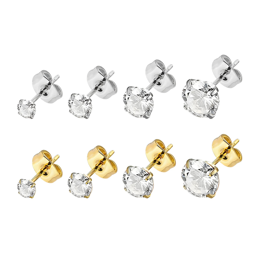 Stainless steel square geometric stud earrings with round zircon stones in gold and steel colour, sizes 2mm to 8mm.