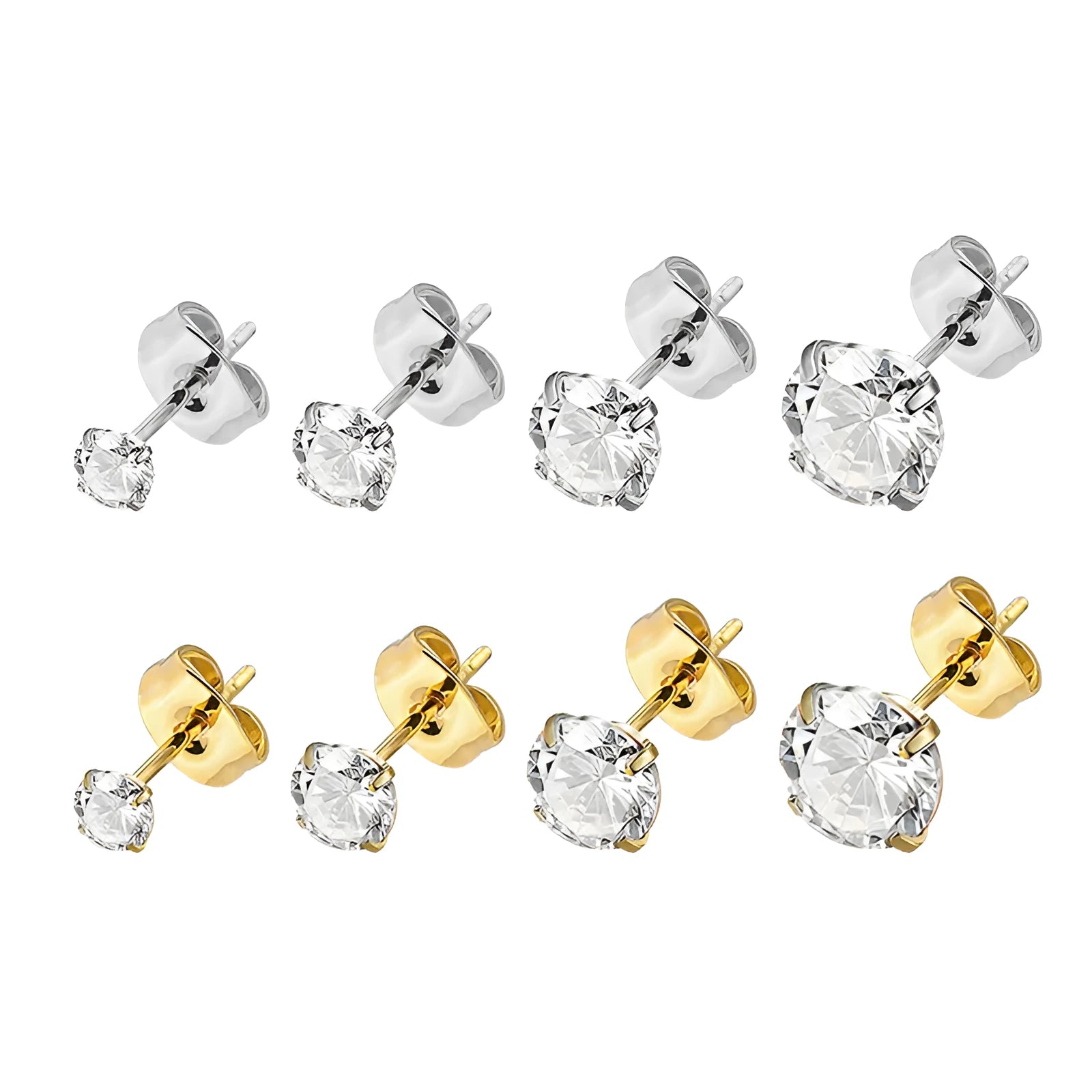 Stainless steel square geometric stud earrings with round zircon stones in gold and steel colour, sizes 2mm to 8mm.