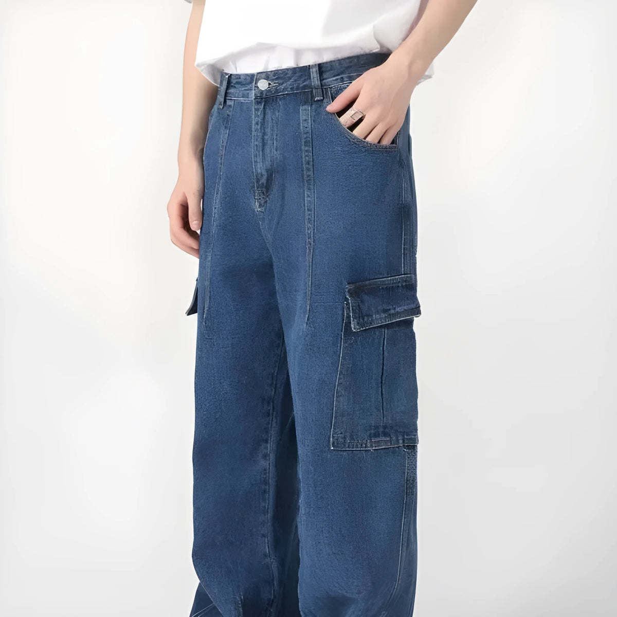 Loose straight-leg workwear jeans in non-stretch cotton denim, blue or black, sizes S to 3XL.