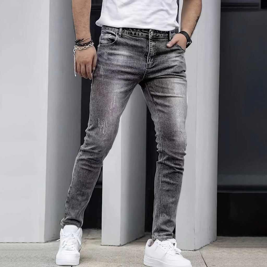Men's straight leg skinny fit stretch jeans in black, grey and dark blue colours showing front and back views