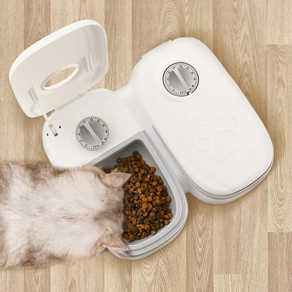 Automatic pet feeder with stainless steel bowl, gravity-powered feeding system for cats and dogs