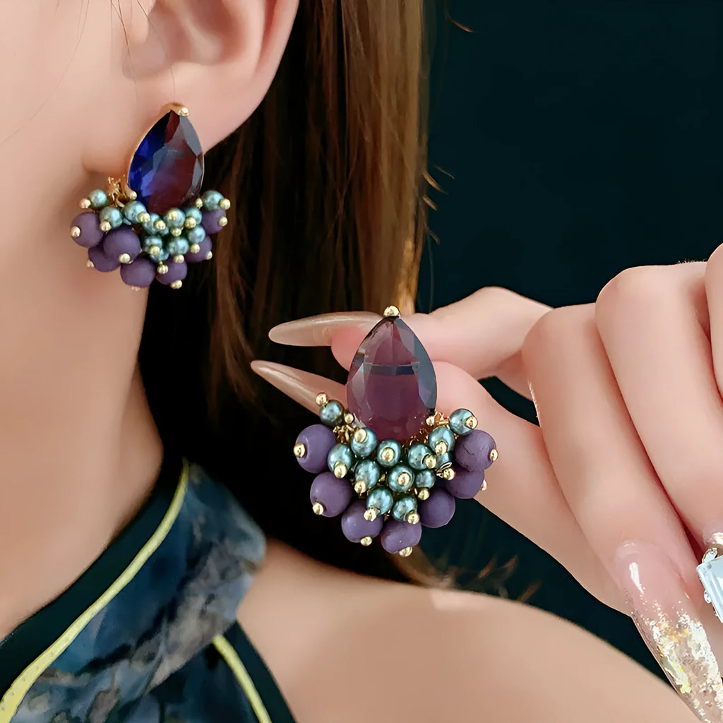 Retro alloy tassel earrings with zircon and purple droplet colour for women