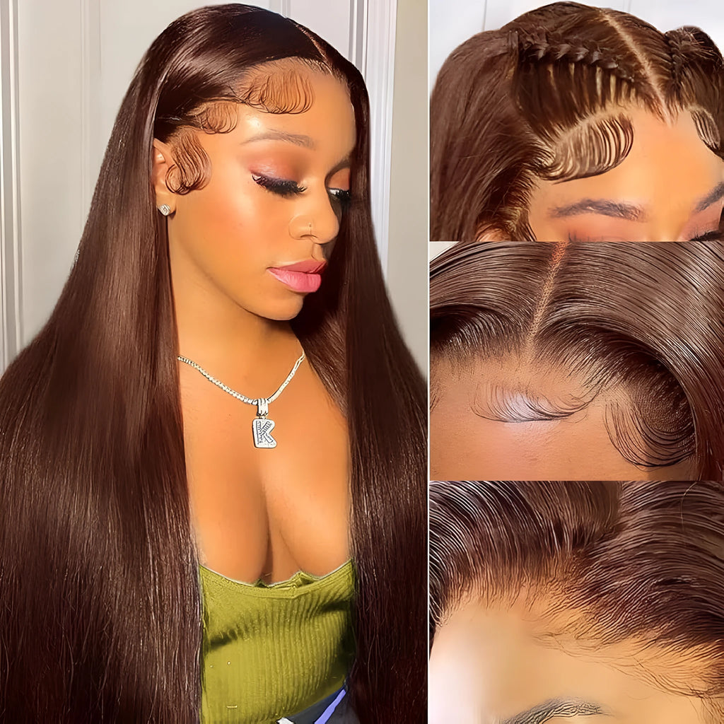 Front lace human hair wig in dark brown with 13x4 lace front, showing natural hairline and long length