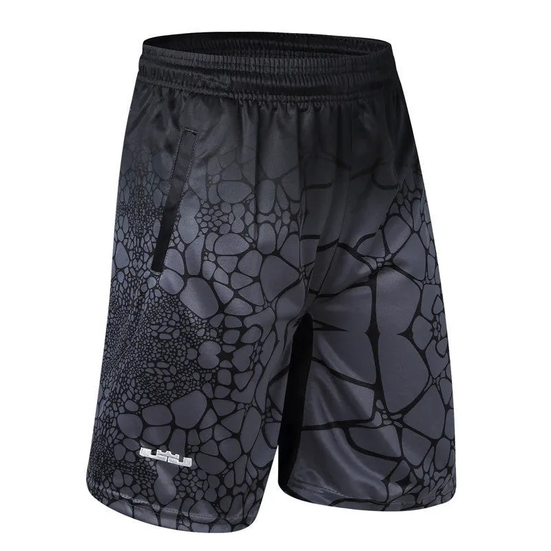 Men's loose hip-hop basketball shorts in black, green, and red, sizes M to 4XL, five-point design, polyester