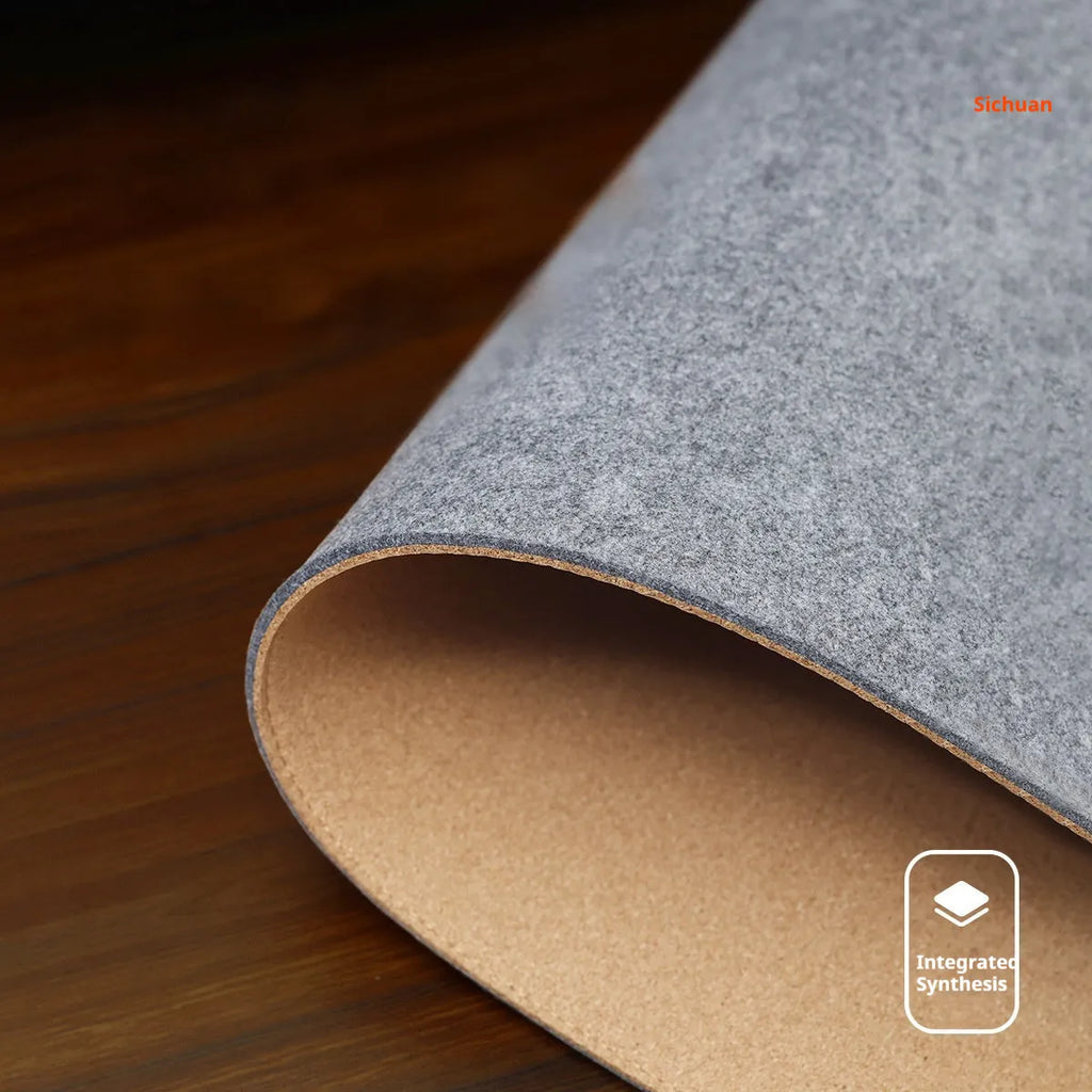 A grey and black felt cork desk mat with a mouse on it, shown on a wooden desk.