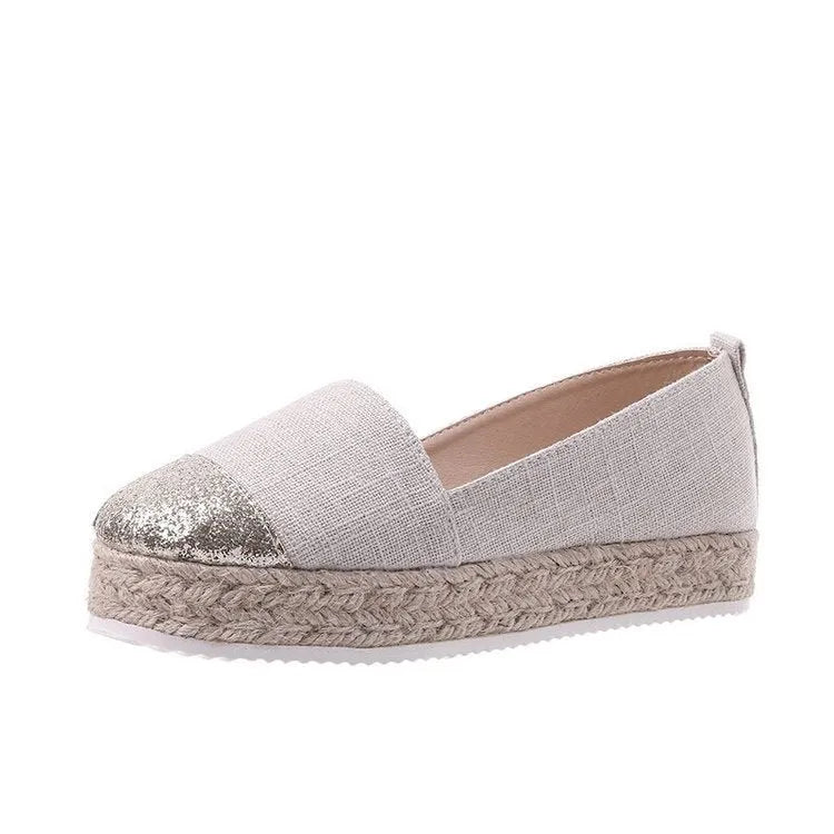 Plus size canvas oversleeve flat shoes in breathable cloth material showing round toe design