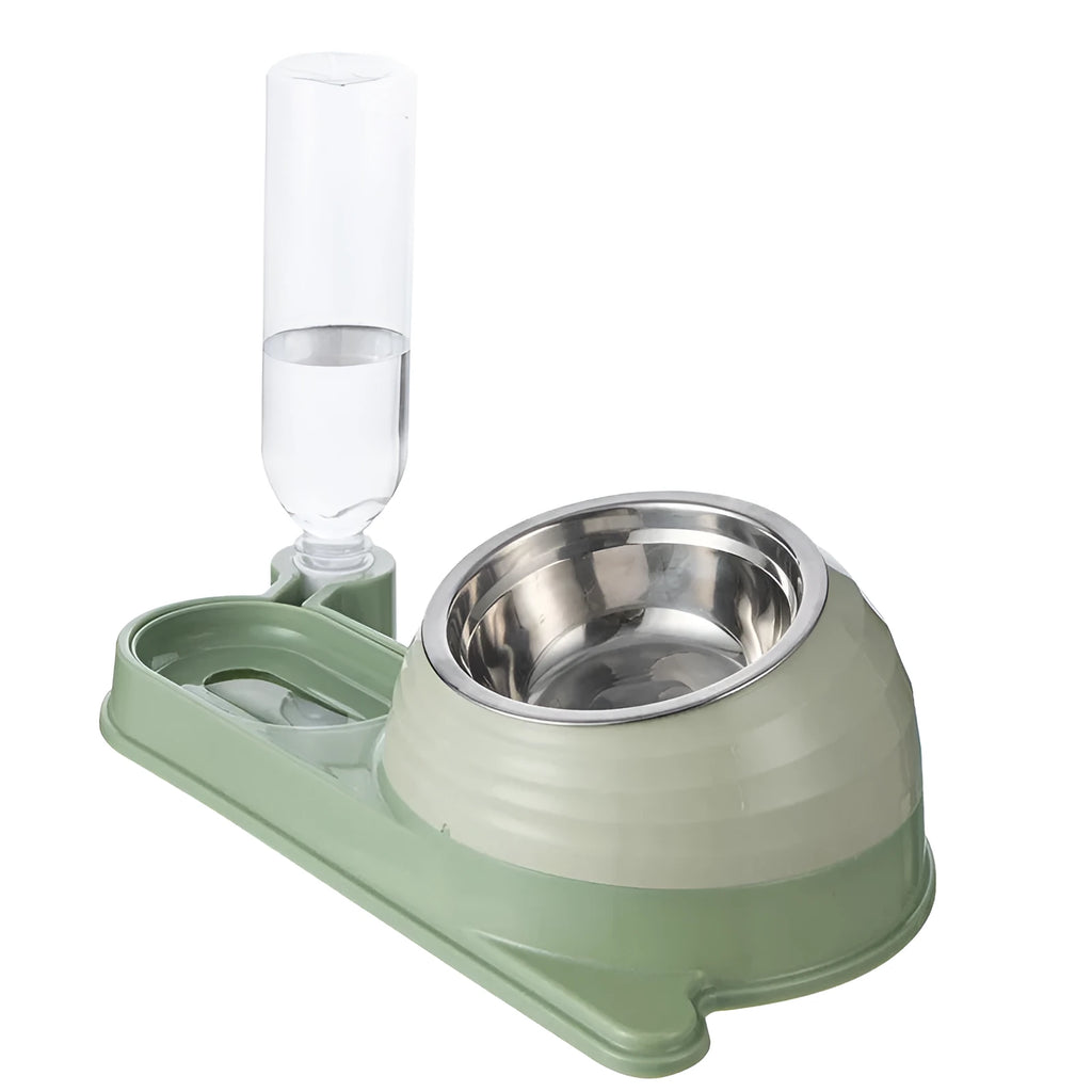 Brown elevated cat food bowl with automatic water dispenser bottle, whisker-friendly design