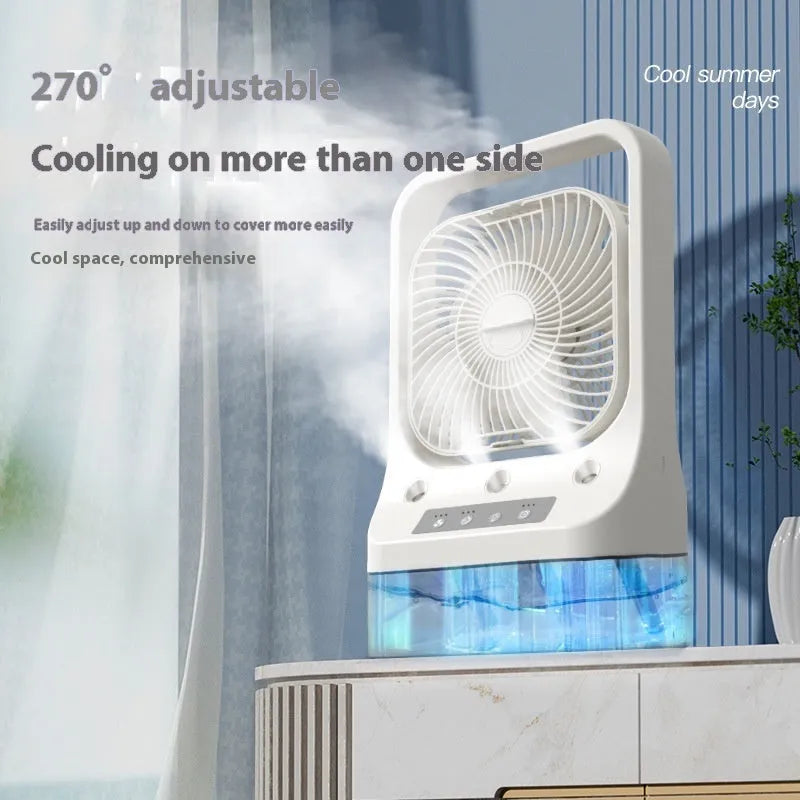 White USB rechargeable household cooling fan with adjustable head, water tank, and colourful night lights