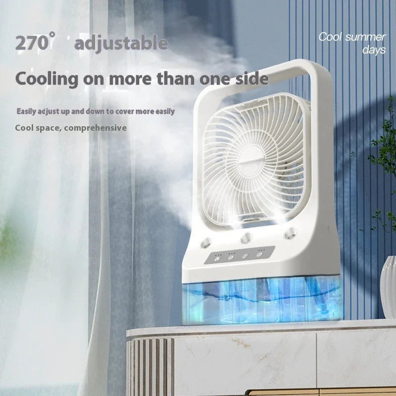 A white USB rechargeable cooling fan with a 270-degree adjustable head for customized airflow and atmosphere-enhancing colorful night lights.