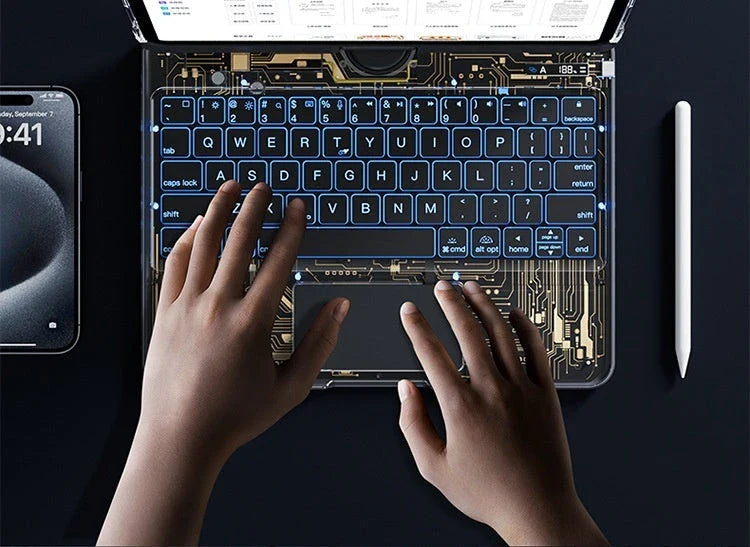 Versatile 360-degree swivel keyboard case with transparent backplate, scissor-style keys, and integrated trackpad for iPad