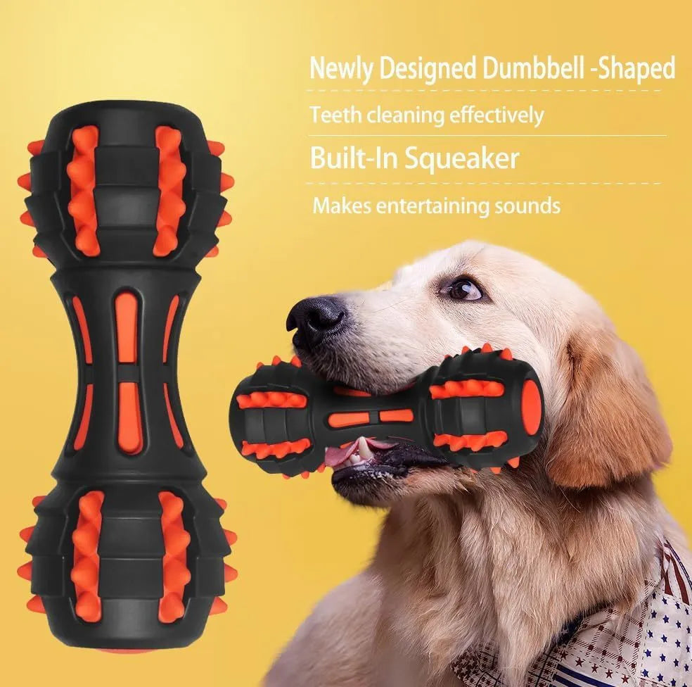 Red dumbbell-shaped natural rubber dog chew toy with squeaker for medium and large breeds