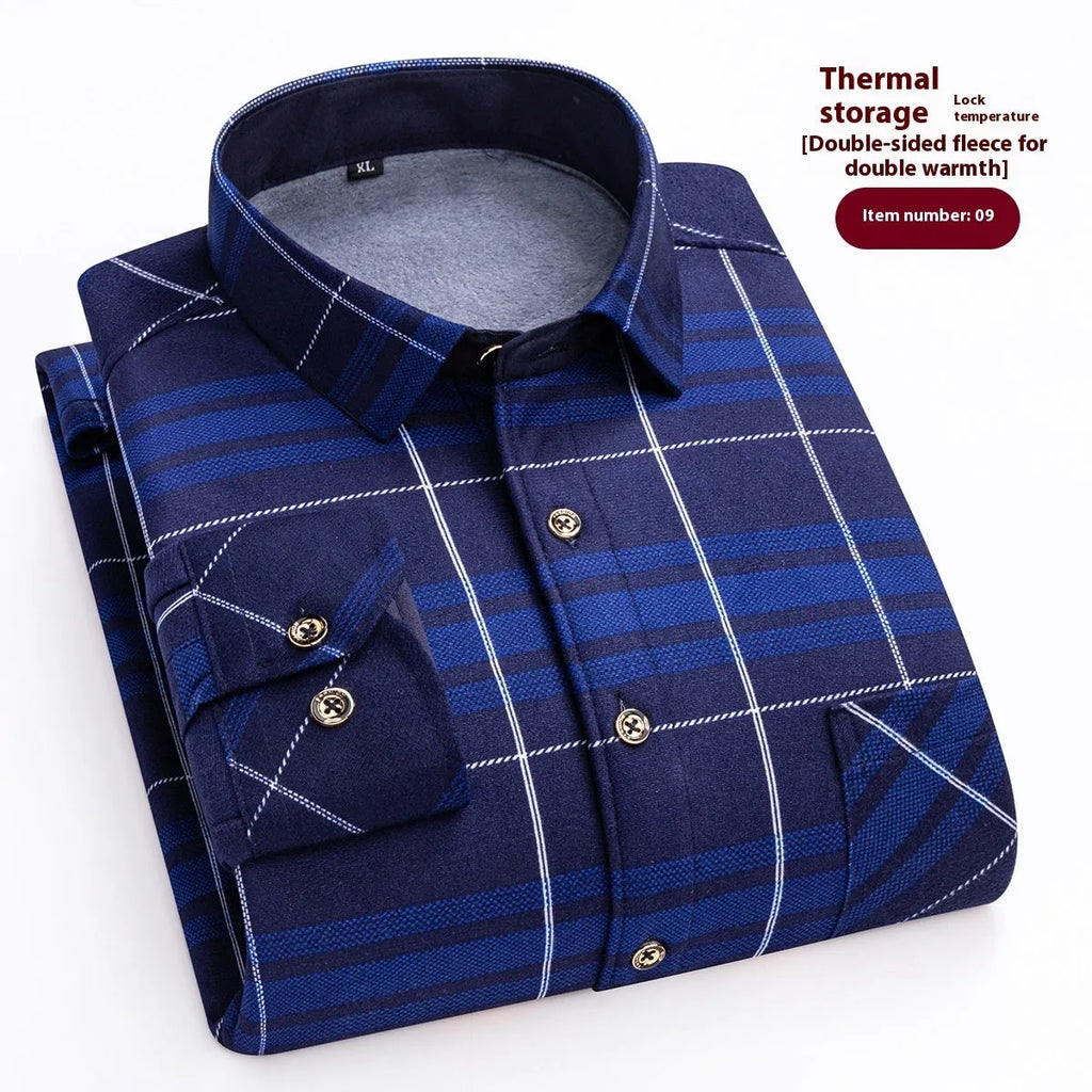 Men's long sleeve fleece-lined thick casual shirt with plaid pattern in cardigan style