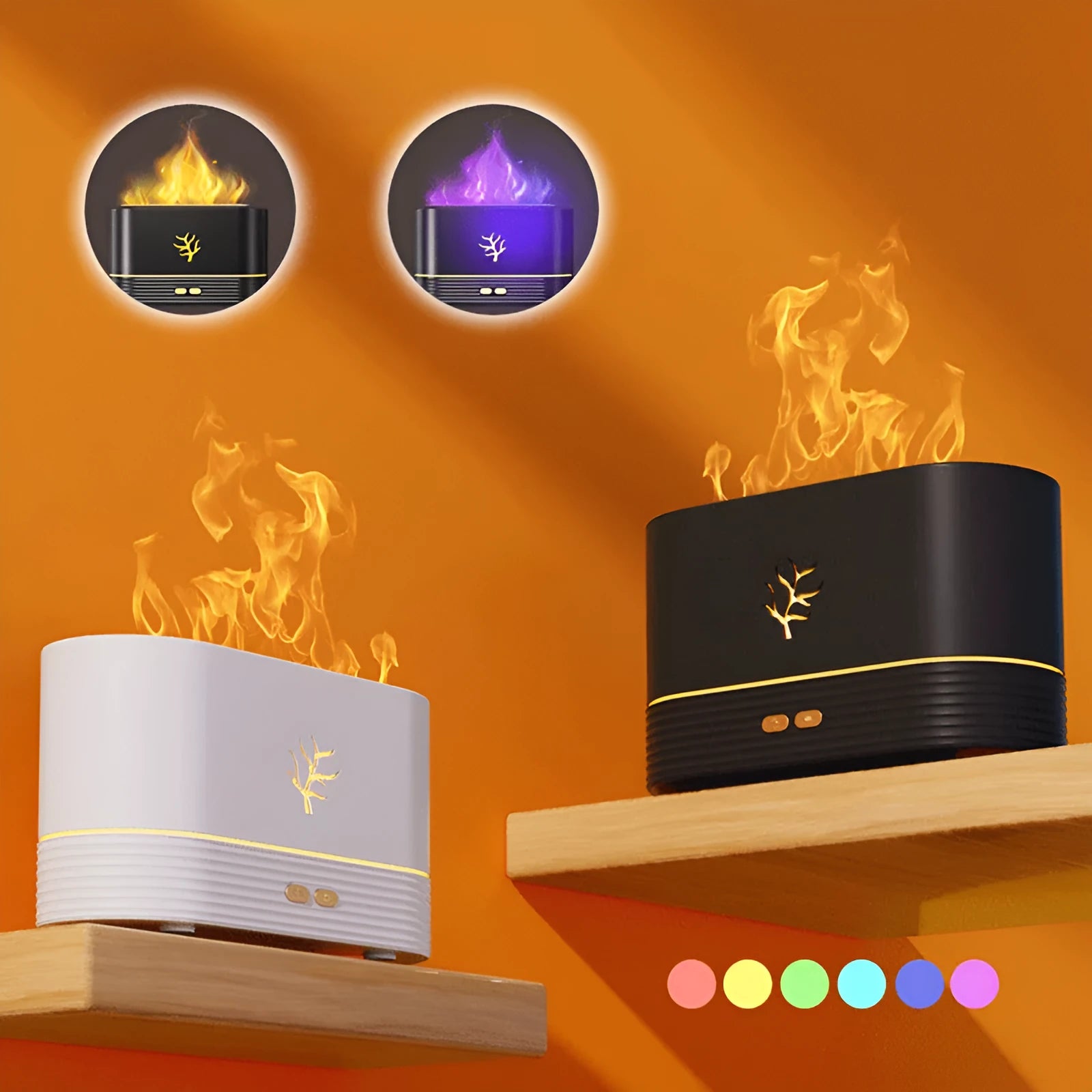 Square white or black USB flame humidifier and aroma diffuser with LED fire effect