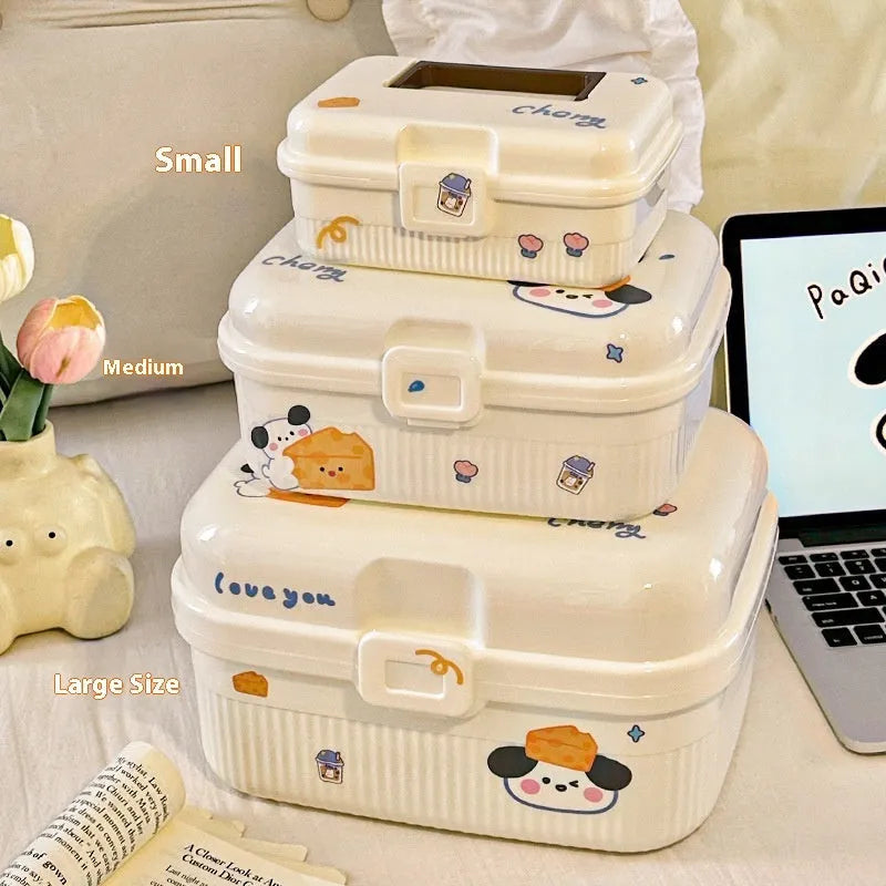 A white double-layer plastic storage box with a set of large, medium, and small stickers for labelling.